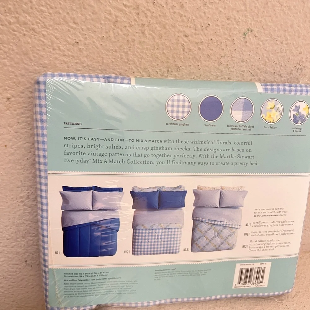 VTG NIP Martha Stewart Everyday Cornflower Blue Gingham Full size‎ Flat Sheet